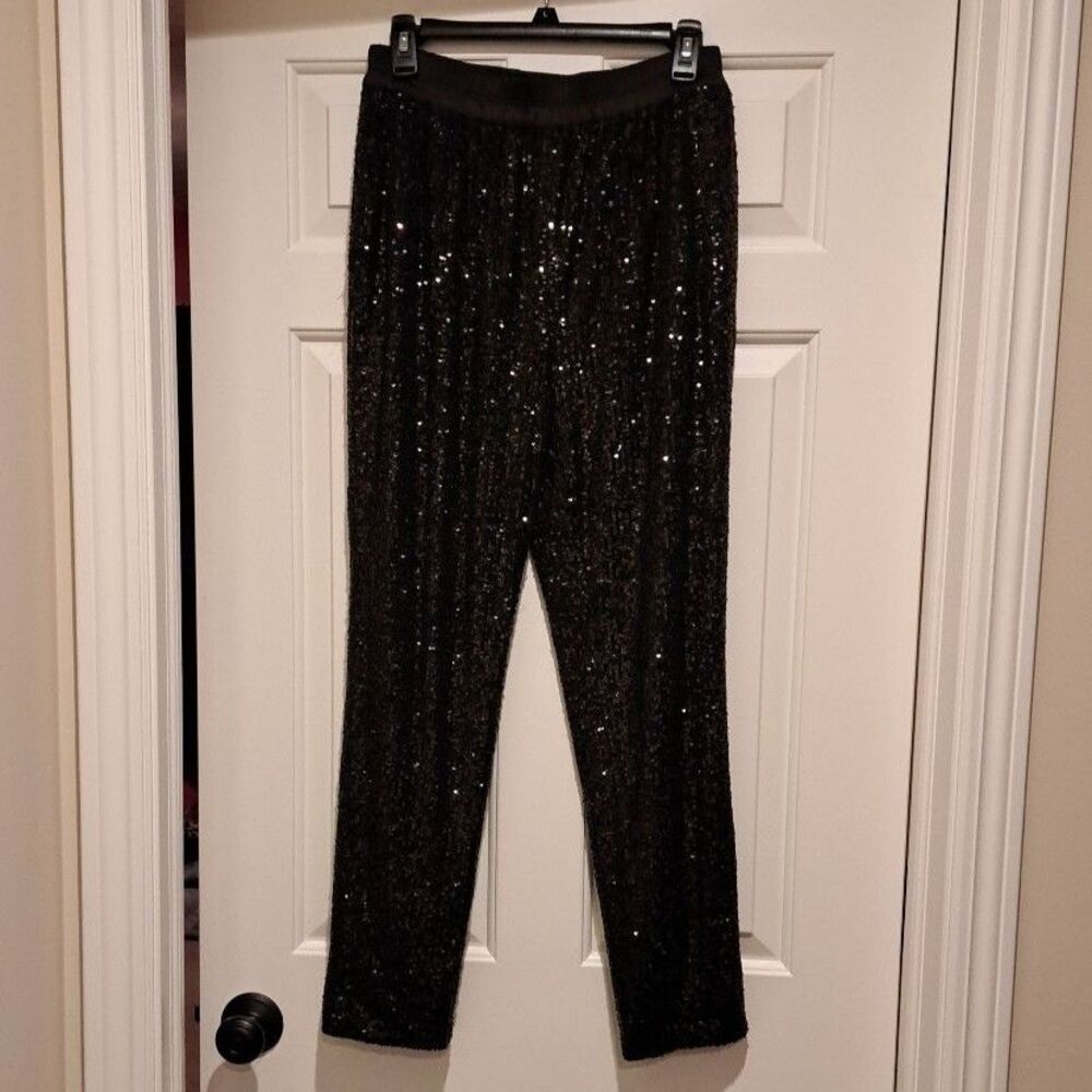 Ramy Brook Women's Pull on Sequin Trousers Pants Medium Black Party Sparkle